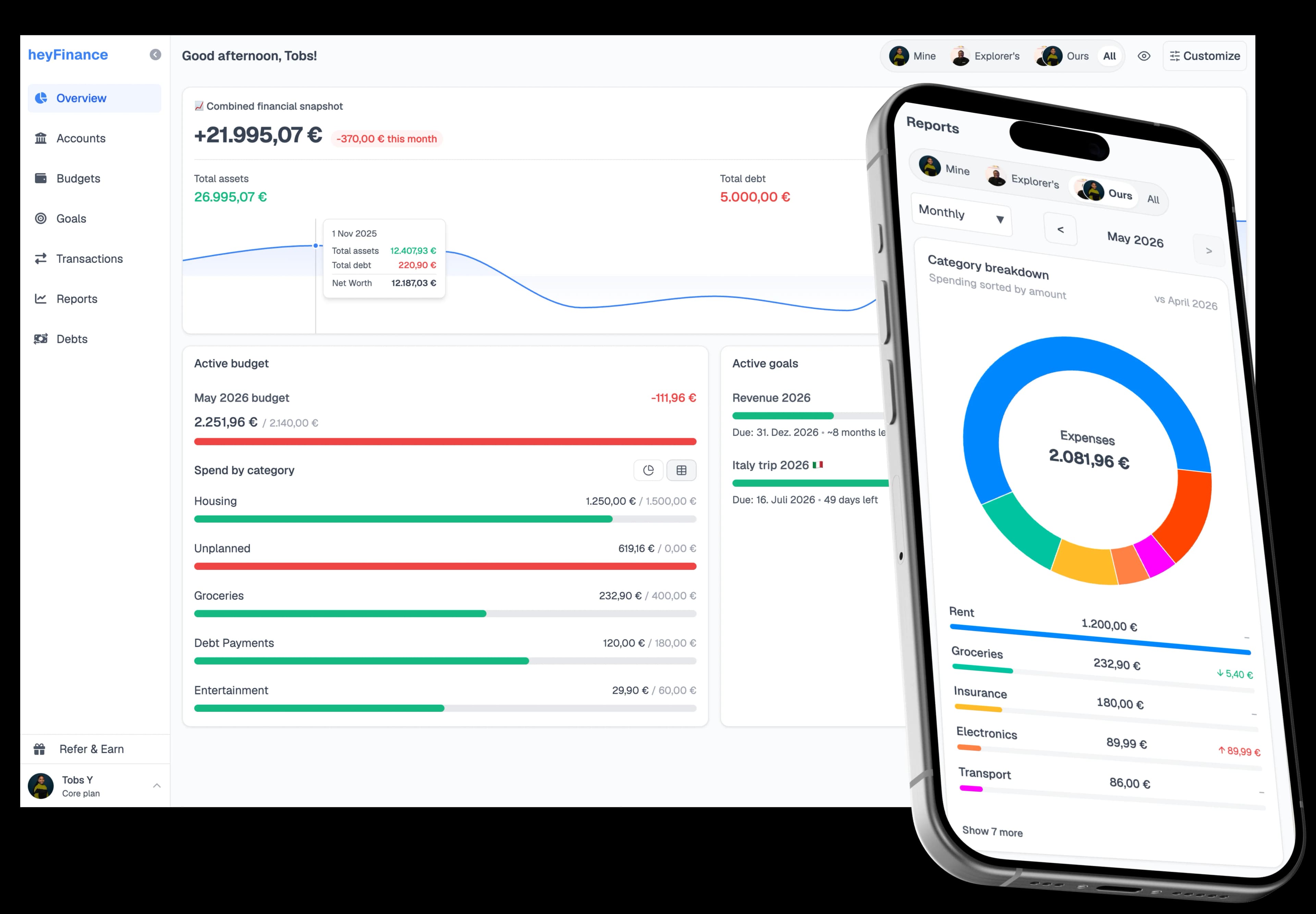 heyFinance dashboard showing shared finances, goals